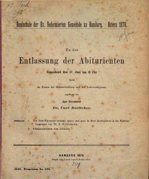 Zu der Entlassung der Abiturienten ... ladet im Namen der Schulverwaltung und des Lehrercollegiums ergebenst ein : Ostern .... 1875/76
