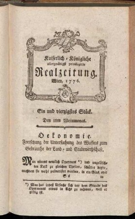 Ein und vierzigstes Stück. Den 8ten Weinmonat. Wien, 1776.