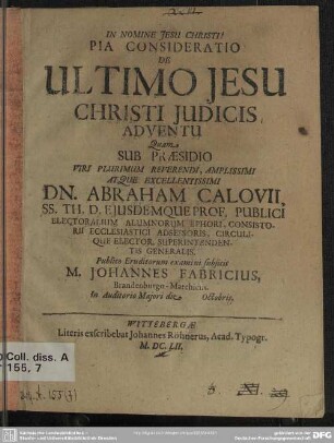 Pia Consideratio De Ultimo Jesu Christi Judicis Adventu