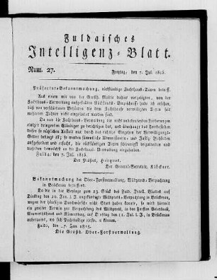 Num. 27, Ausgabe vom 7. Jul. 1815