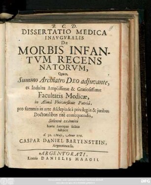 Dissertatio Medica Inavgvralis De Morbis Infantvm Recens Natorvm