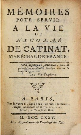 Mémoires pour servir à la Vie de Nicolas de Catinat