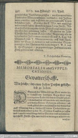 Memorialia oder Supplicationes, Gevatterschafft