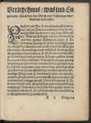 Verzeychnus/ was inn Engellandt/ Nach dem der Printz von Hispanien uberkommen/ verlauffen.