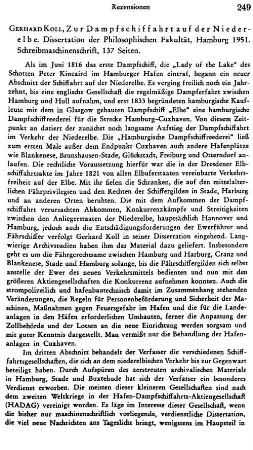 Koll, Gerhard :: Zur Dampfschiffahrt auf der Niederelbe, Dissertation der Philosophischen Fakultät : Hamburg, 1951