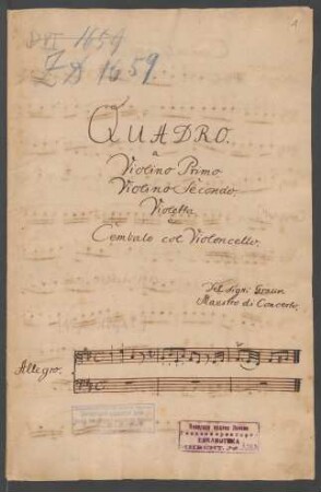 Quartette; strings, bc; D-Dur; GraunWV A:XIV:1