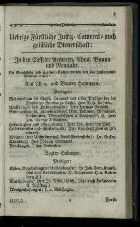 Uebrige Fuerstliche Justiz- Cameral- auch geistliche Dienerschaft: In den Casseler Aemtern, Ahna, Bauna und Neustadt