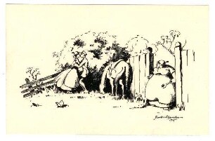 Postkarten mit humoristischen Zeichnungen aus dem Alpenkrieg, jeweils mit Zensurvermerk 06.12.1915: (im Garten ertappt)