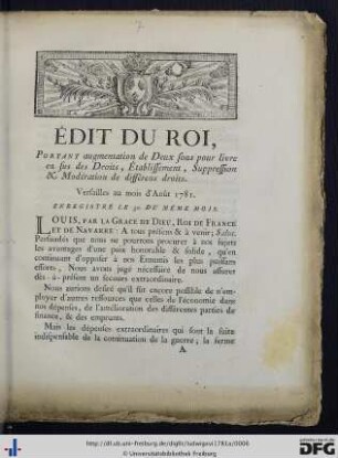 Édit du Roi, portant augmentation de Deux sous pour livre en sus de Droits, Établissement, Suppression et Modération de différens droits.