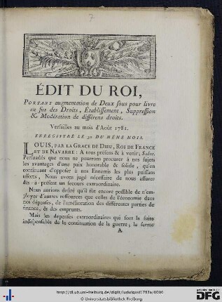 Édit du Roi, portant augmentation de Deux sous pour livre en sus de Droits, Établissement, Suppression et Modération de différens droits.