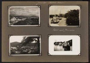 Albumseite "Joinville" : Reisealbum "Mit Kreuzer Emden rund um die Erde 1926-1928". Ledereinband mit Goldprägung und Kordelbindung; 28 x 41,5 x 6 cm (ab 1928). Dresden: SLUB/DF 2017.E.1217