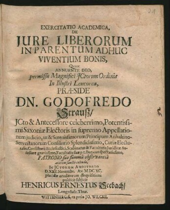Exercitatio Academica, De Iure Liberorum In Parentum Adhuc Viventium Bonis