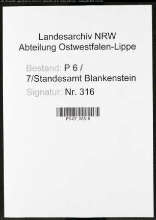 Sterberegister Standesamt Blankenstein/Ruhr