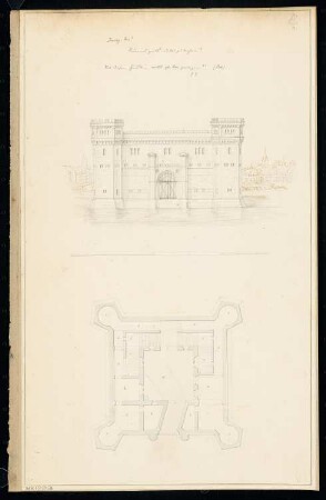 Wache Monatskonkurrenz November 1839: Grundriss Erdgeschoss, Aufriss Vorderansicht; Maßstabsleiste