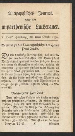 X. Stück, Hamburg, den 12ten Octobr. 1770