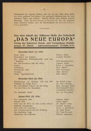 22-24, Aus dem Inhalt der früheren Hefte der Zeitschrift " Das neue Europa" [...]