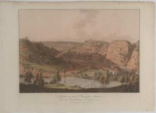 Ansicht vom Plauenschen Grund mit der Buschmühle, Umrissradierung, 1810 : Ansicht aus dem Plauenschen Grunde hinter der Buschmühle nach Reisewitzens zu / Nach der Natur gez. u. gefert. v. Wizani dem jüng. - Dresden : Schultze , [um 1810]. - 1 Kunstbl. : kolor. Umrissradierung ; 53 x 37 cm