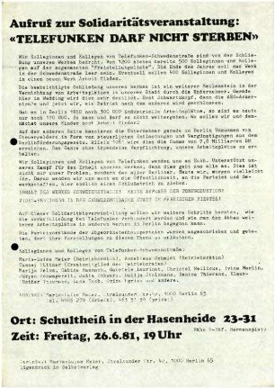 Flugschrift: Aufruf zur Solidaritätsveranstaltung: "Telefunken darf nicht sterben", 1981