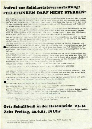 Flugschrift: Aufruf zur               Solidaritätsveranstaltung: "Telefunken darf nicht sterben",               1981