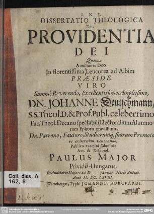 Disputatio theologica de providentia Dei
