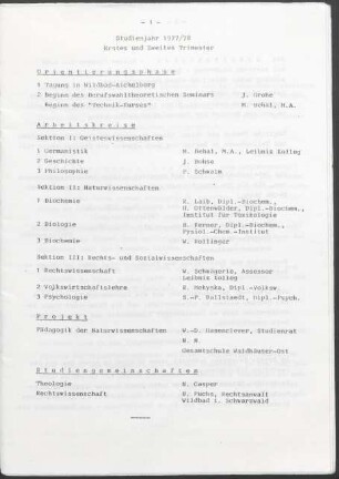 Inhalt "Studienjahr 1977/78 Erstes und Zweites Trimester"