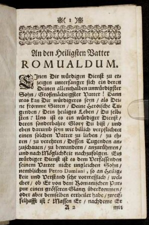 An den Heiligsten Vatter Romualdum; Lob-Reimen