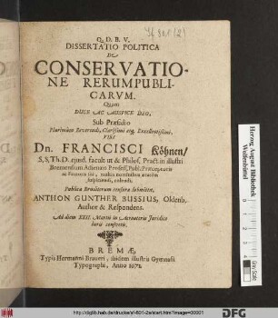 Dissertatio Politica De Conservatione Rerumpublicarum