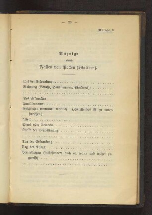 Anlage 1. Anzeige eines Falles von Pocken (Blattern).