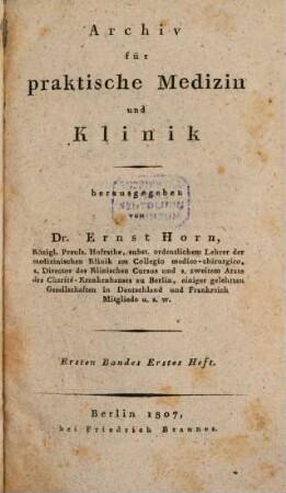 Archiv für praktische Medizin und Klinik. [10]. 1807