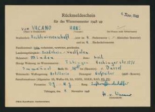 Rückmeldeschein Wintersemester 1948/49. 6.11.1948
