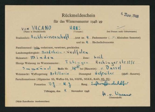 Rückmeldeschein Wintersemester 1948/49. 6.11.1948