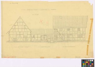 Obernfeld ([Landkreis Duderstadt]): Dreiseithof. - Scheune (Schnitt). - Schafstall (Seiten-Ansicht). - Wohngebäude (Seiten-Ansicht)