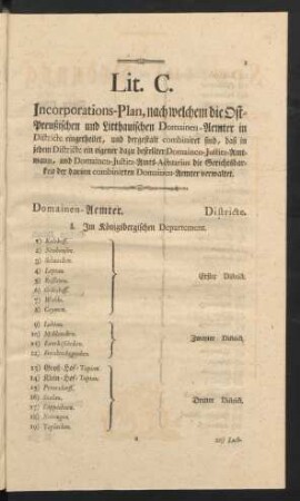 Lit. C. Incorporations-Plan, nach welchem die Ost-Preußischen und Litthauischen Domainen-Ämter in Districte eingetheilet, ...
