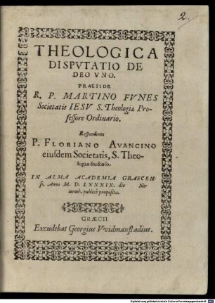 Theologica disp. de Deo uno