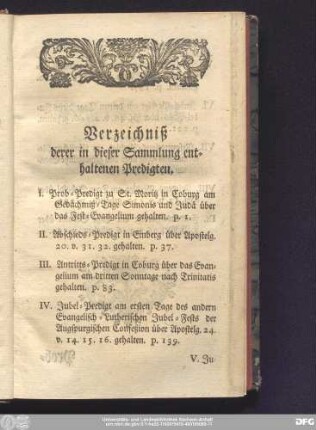 Verzeichniß derer in dieser Sammlung enthaltenen Predigten.