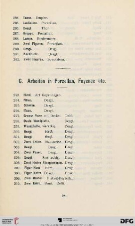 C. Arbeiten in Porzellan, Fayence etc. (Nr. 293-436)
