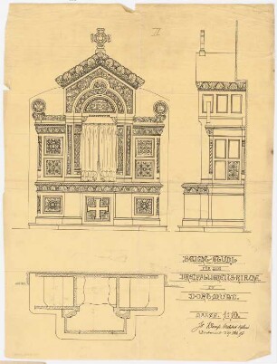 Dreifaltigkeitskirche (mit Pfarrhaus), Dortmund: Grundriss, Vorder- und Seitenansicht eines Beichtstuhls 1:10