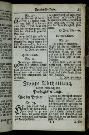 Zwote Abtheilung, darinn enthalten sind Predigt-Gesänge.