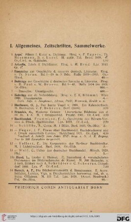 I. Allgemeines, Zeitschriften, Sammelwerke (Nr. 1 - 64)