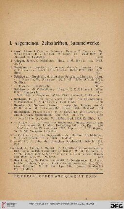 I. Allgemeines, Zeitschriften, Sammelwerke (Nr. 1 - 64)