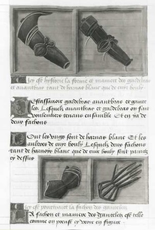 Regnier d'Anjou sur les tournois (Turnierbuch Königs René I. d’Anjou). Armschienen und Handschuhe einer Turnierausrüstung : Armschienen und Handschuhe einer Turnierausrüstung. Miniatur und Text Blatt 11v aus: Regnier d'Anjou sur les tournois. Flandern oder Hennegau, Anfang 16. Jahrhundert. Buchmalerei und Handschrift auf Pergament, koloriert und vergoldet; 42,5 x 31,5 cm (Blattgröße). Dresden: SLUB Mscr.Dresd.Oc.58