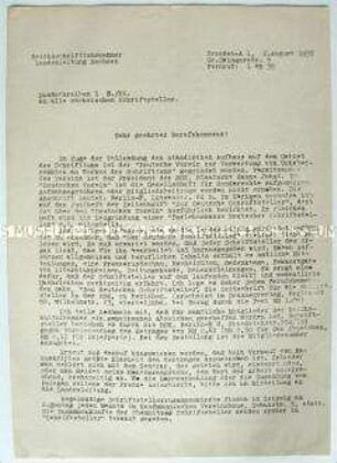 Rundschreiben der Reichsschrifttumskammer, Landesleitung Sachsen, an die sächsischen Schriftsteller