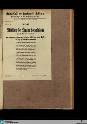 Karlsruher Zeitung, Extrablatt No. 208, Mitteilung der Obersten Heeresleitung vom 17. Dezember 1914