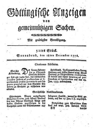 52tes Stück. Sonnabend, den 28ten December 1776.