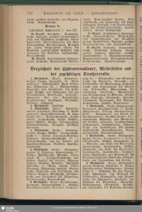 Verzeichnis der Hydrantenmänner, Meldestellen und der zugehörigen Straßentrakte
