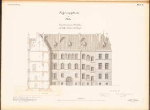 Regierungsgebäude, Stade: Schnitt durch den Mittelbau und Ansicht vom Südflügel 1:100