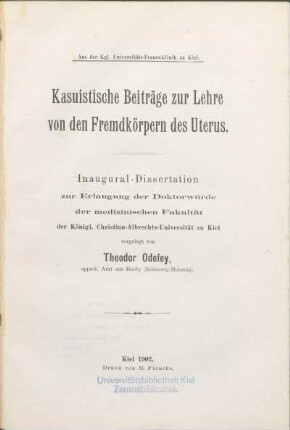 Kasuistische Beiträge zur Lehre von den Fremdkörpern des Uterus