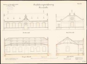 Unteroffiziersschule, Treptow/Rega: Turnhalle: Aufriss Nordansicht, Ostansicht, Längsschnitt, Querschnitt 1:100