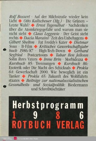 Programmvorschau Rotbuch Herbst 1986