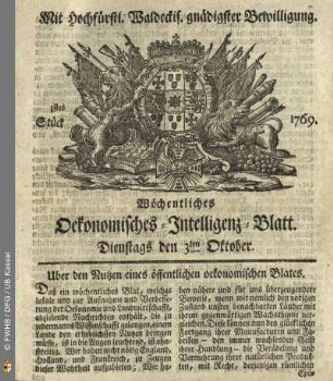 1stes Stück, Dienstags den 3ten Oktober 1769